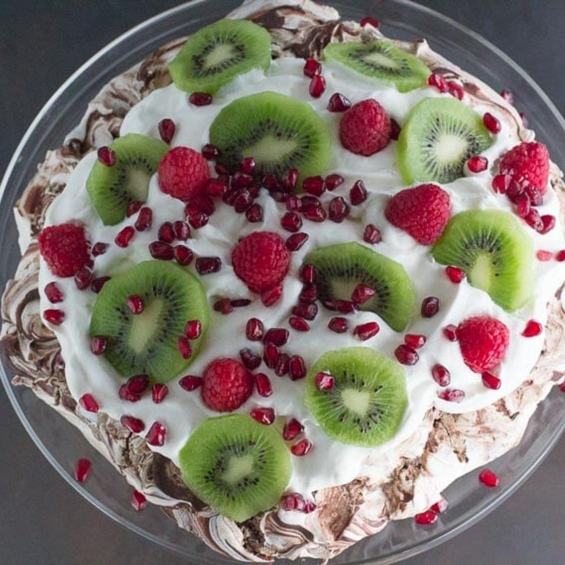 Low FODMAP Chocolate Pavlova with Pomegranate, Raspberries & Kiwi