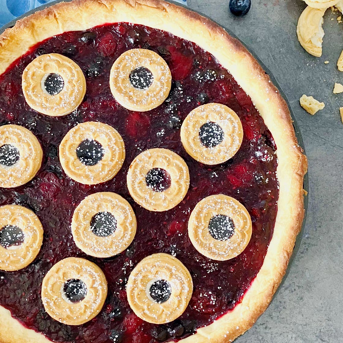 Mixed Berry Pie (topped with jammy biscuits)