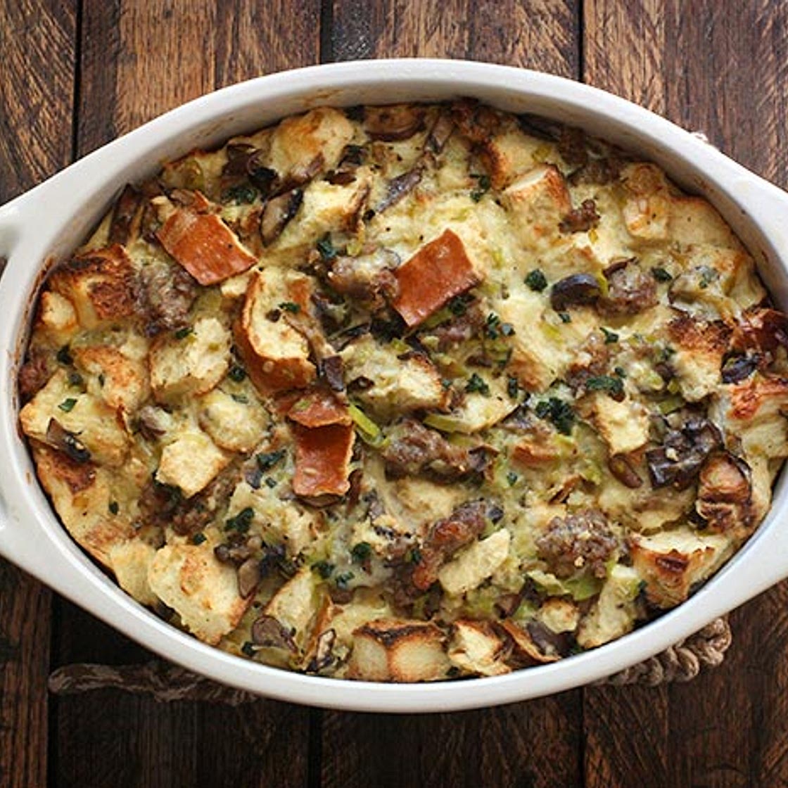 Wild Mushroom Bread Pudding with Sausage and Gruyère