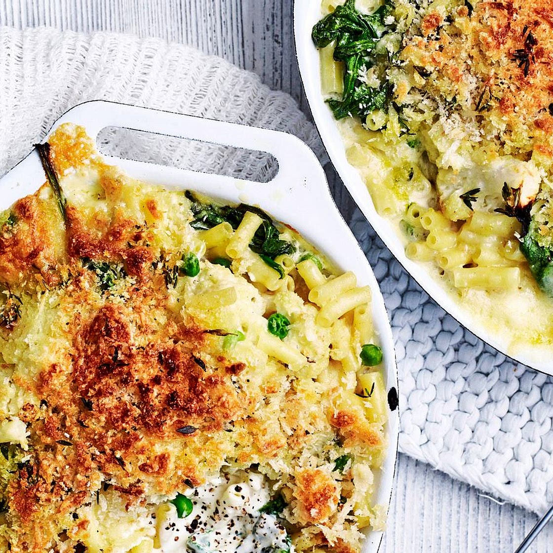Mac and Cheese mit Blumenkohl und Spinat