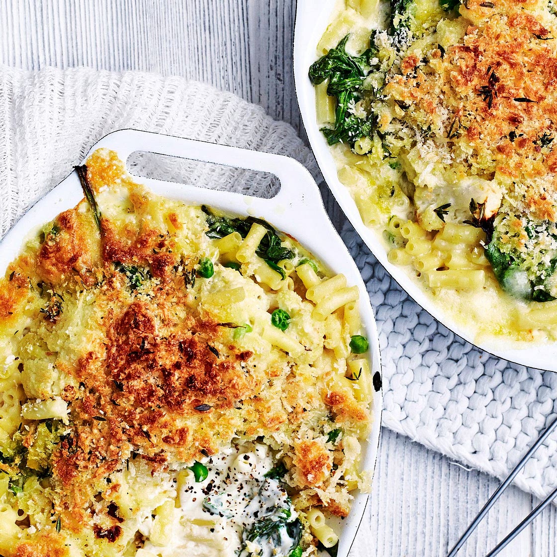 Mac and Cheese mit Blumenkohl und Spinat