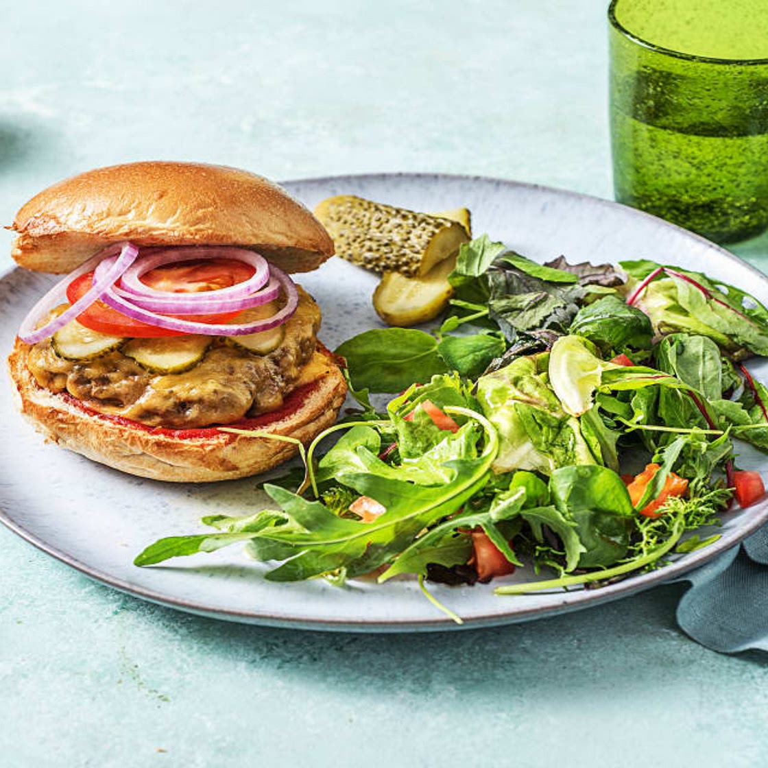 Grilled Cheddar Burgers with Chipotle Ketchup, Green Salad, and a Dill Pickle