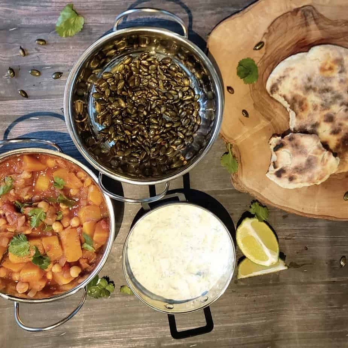 Masala Veggie Curry with Spiced Pumpkin Seeds and Mint Riata