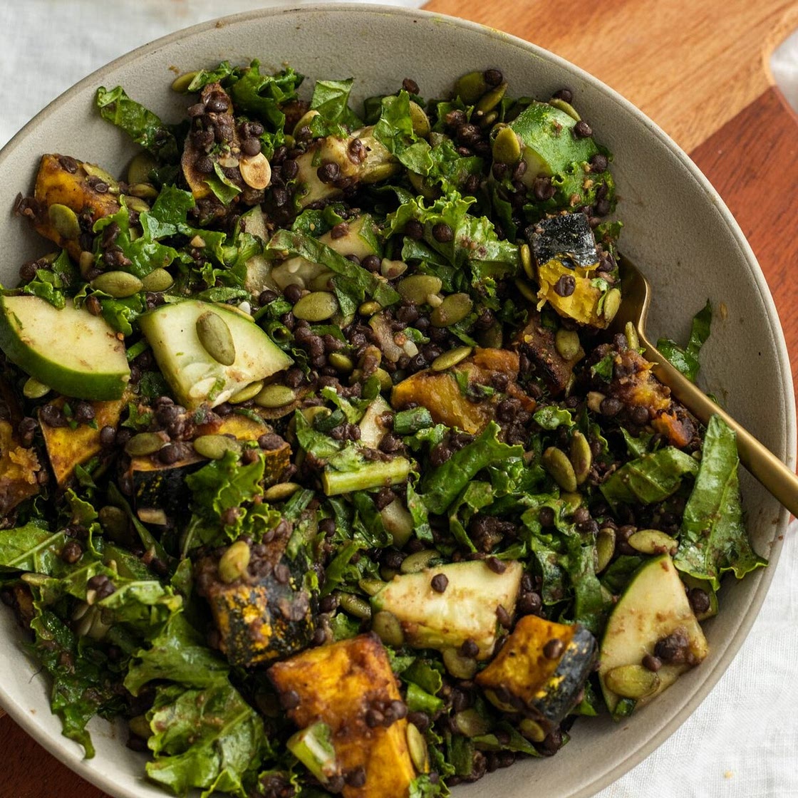 Black Lentil Acorn Squash Kale Salad with Maple Miso Mustard Dressing (vegan)