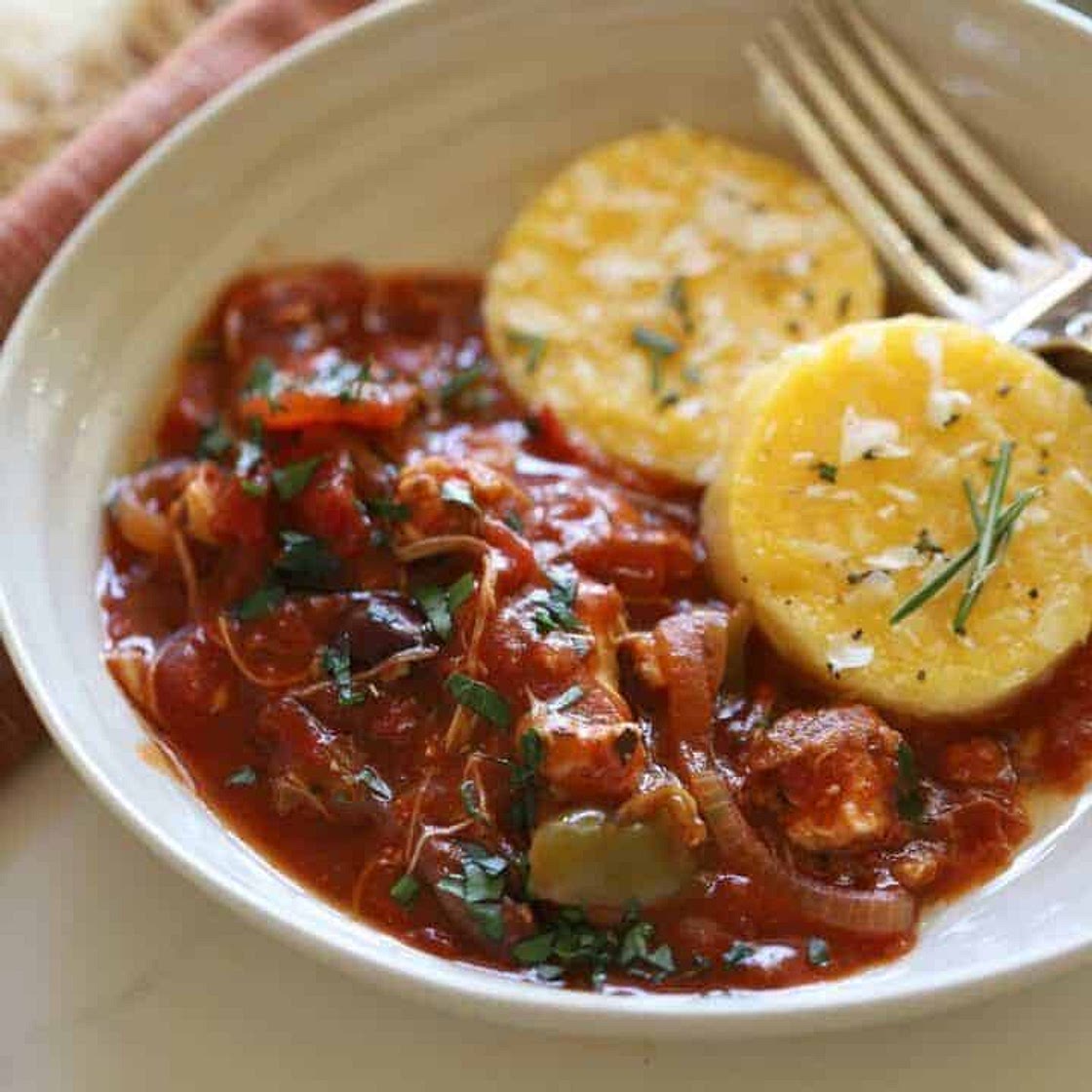 Slow Cooker Chicken Cacciatore with Polenta Cakes