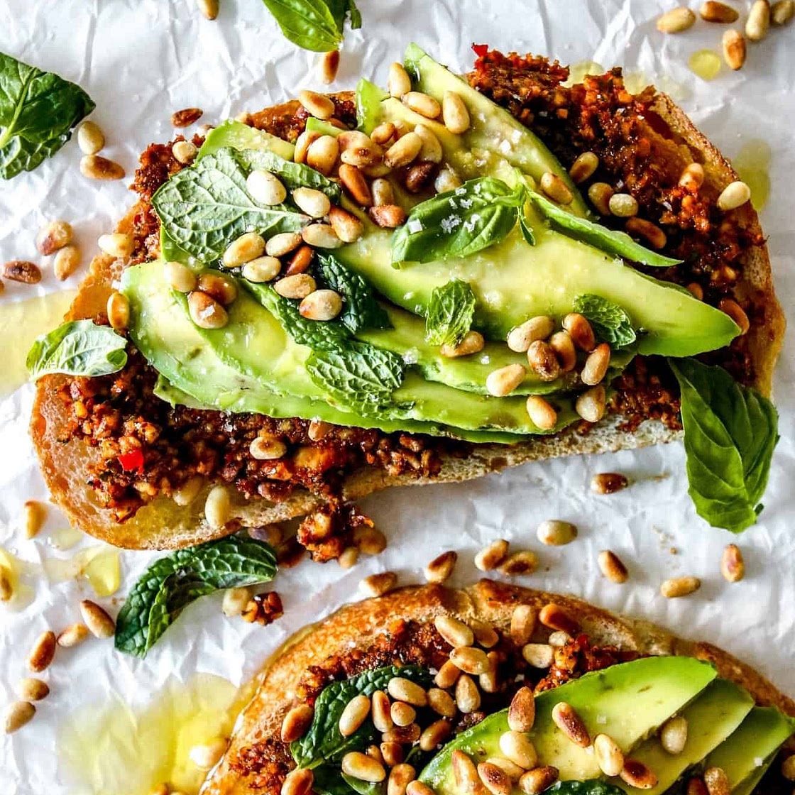 Avocado Toast + Harissa Almond Pesto