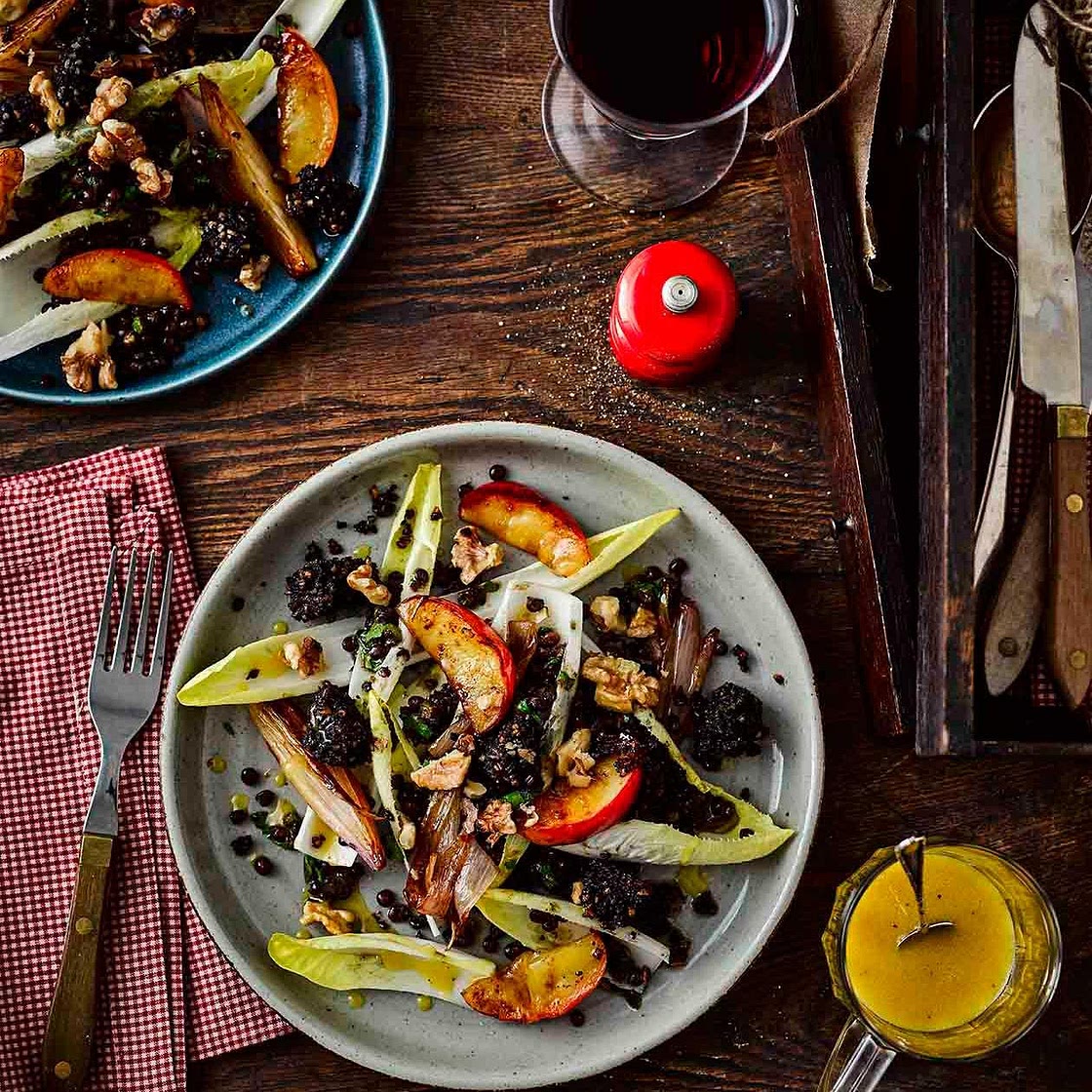 Warm salad of black pudding, lentils and caramelised apples