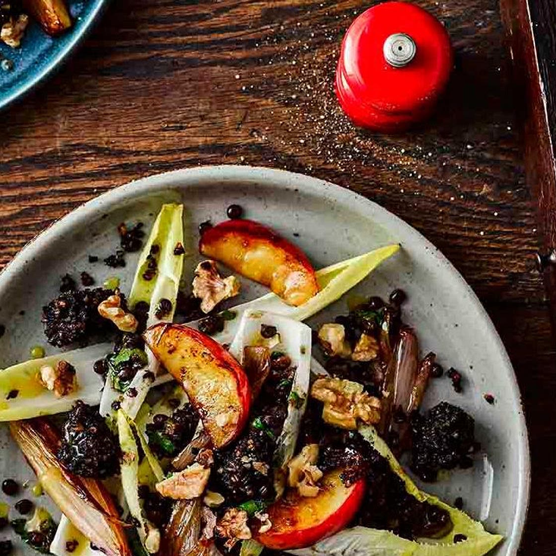Warm salad of black pudding, lentils and caramelised apples