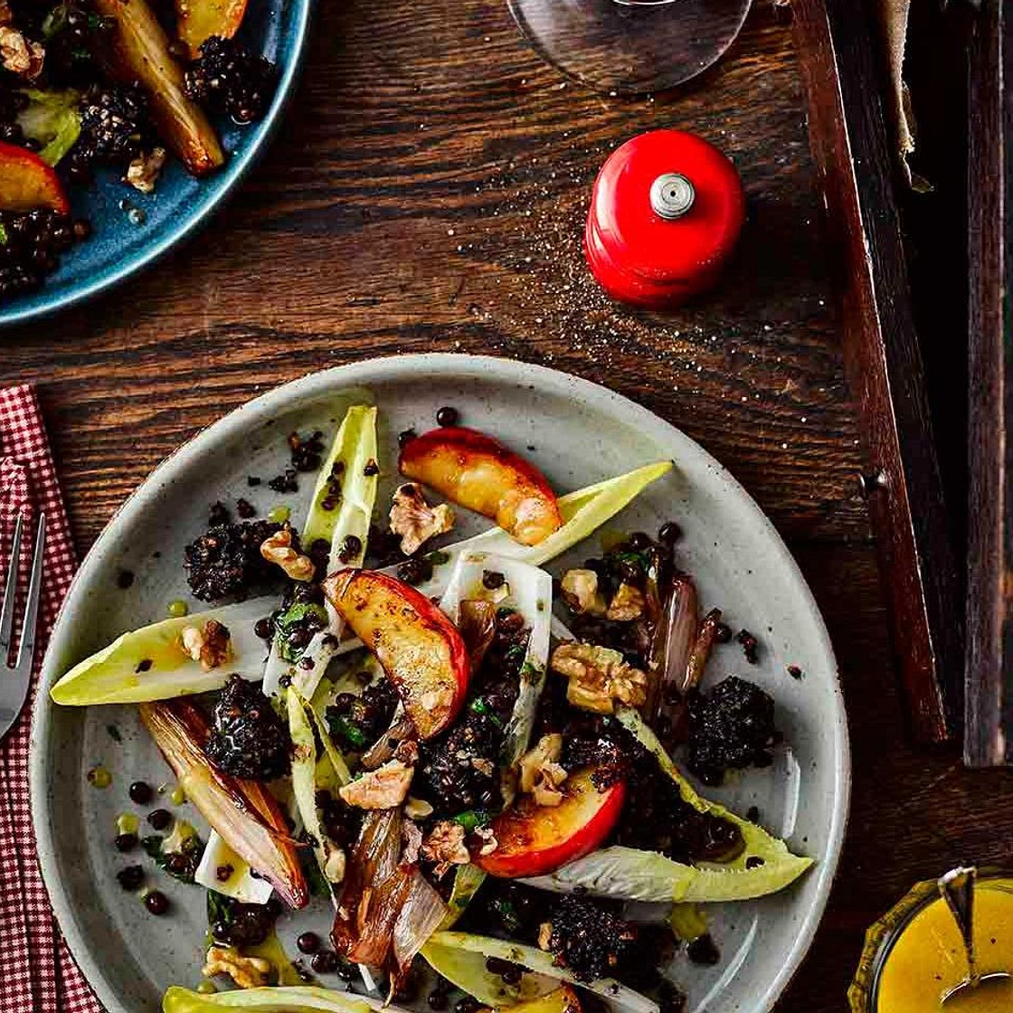 Warm salad of black pudding, lentils and caramelised apples