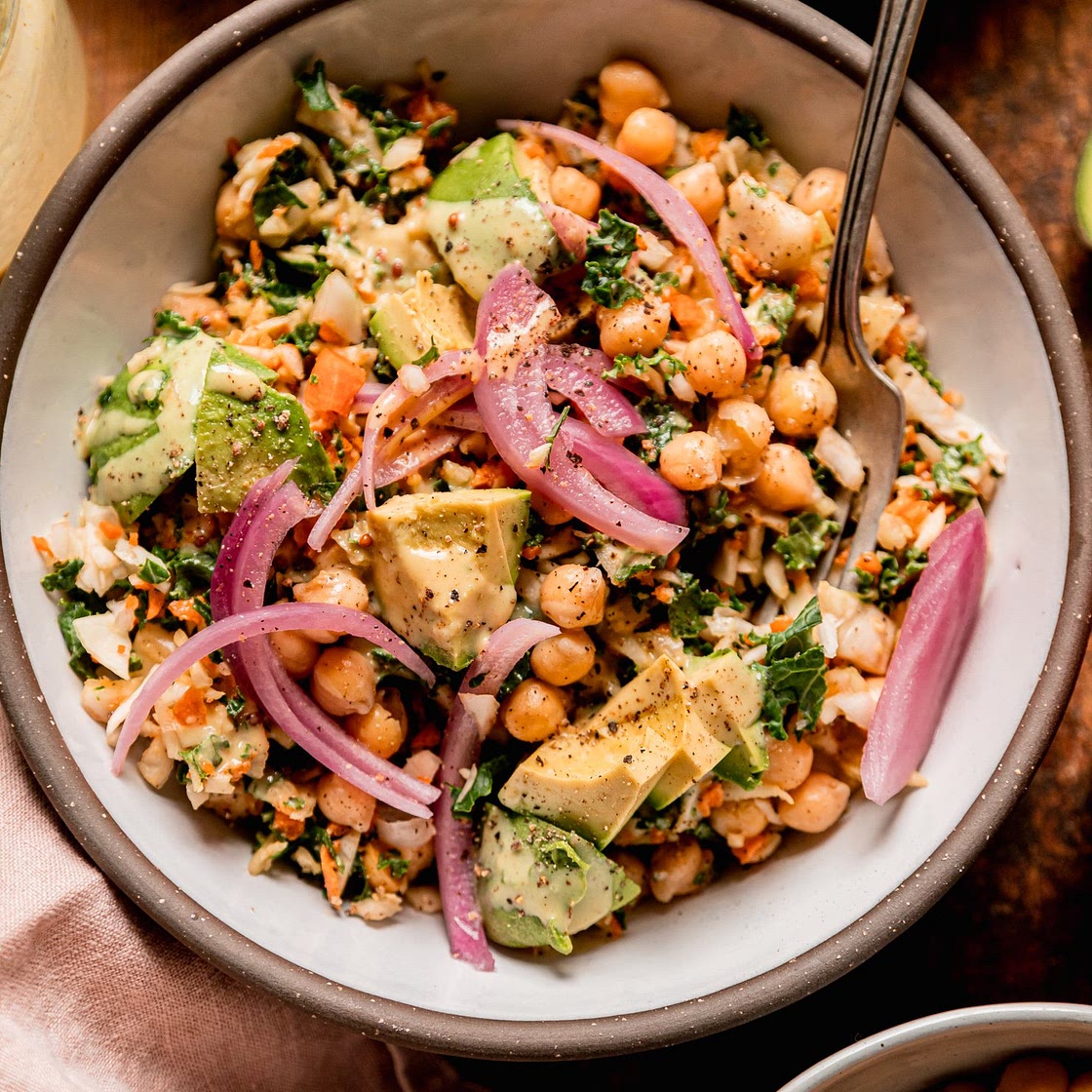 Chopped Kale Cabbage Salad with Sweet Mustard Dressing, Chickpeas & Avocado