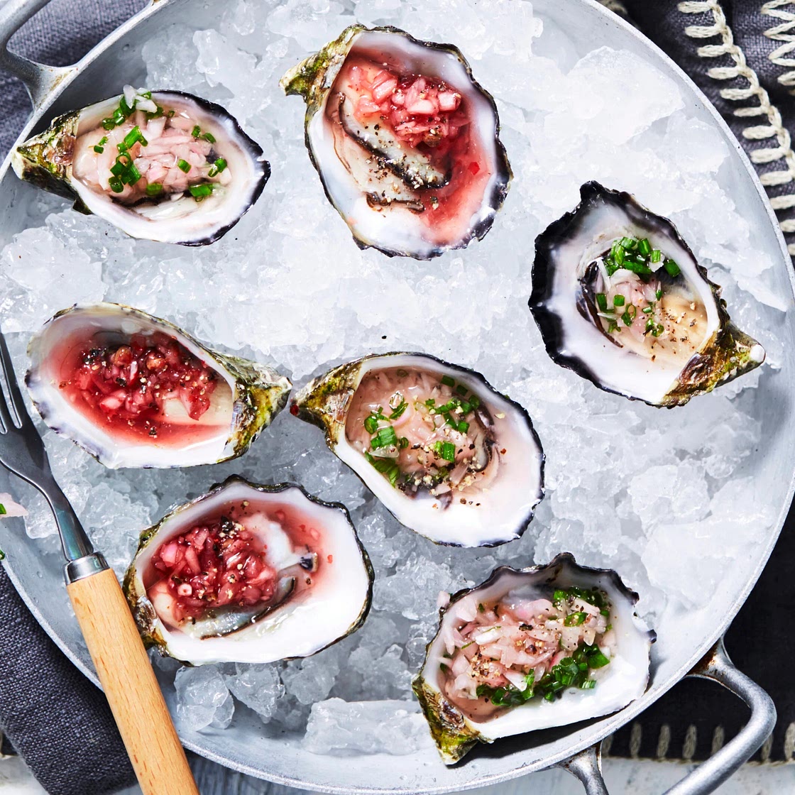 Oysters with pink and green mignonette dressings