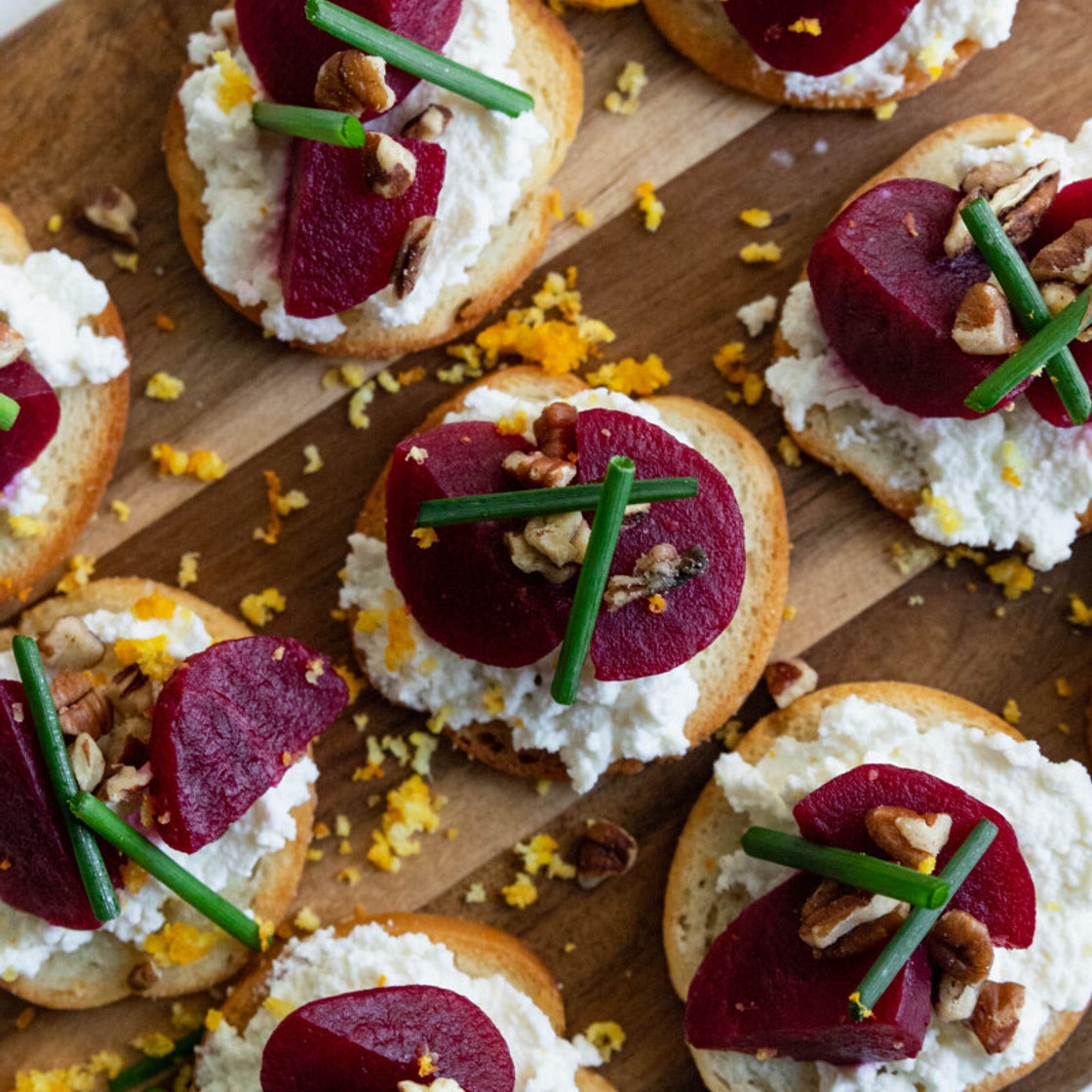 Beet, Ricotta, Walnut & Orange Zest Crostini