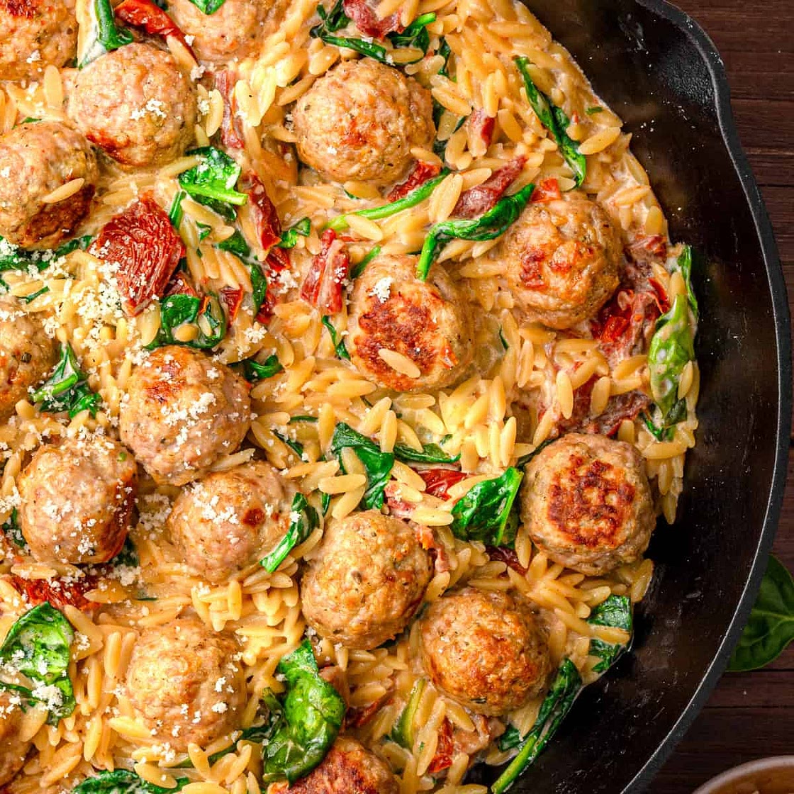 Baked Chicken Meatballs with Orzo