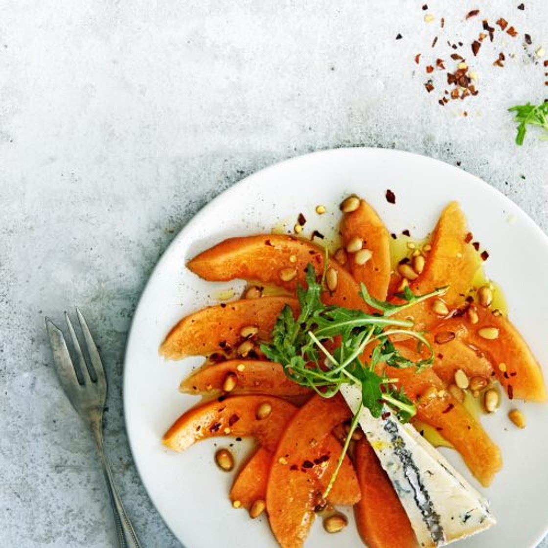 meloencarpaccio met gorgonzola en rucola