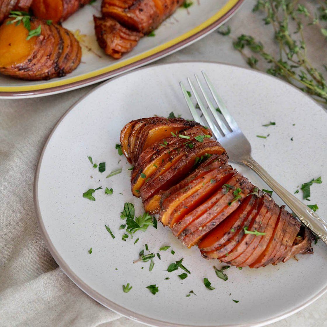 Whole30 Hasselback Sweet Potatoes