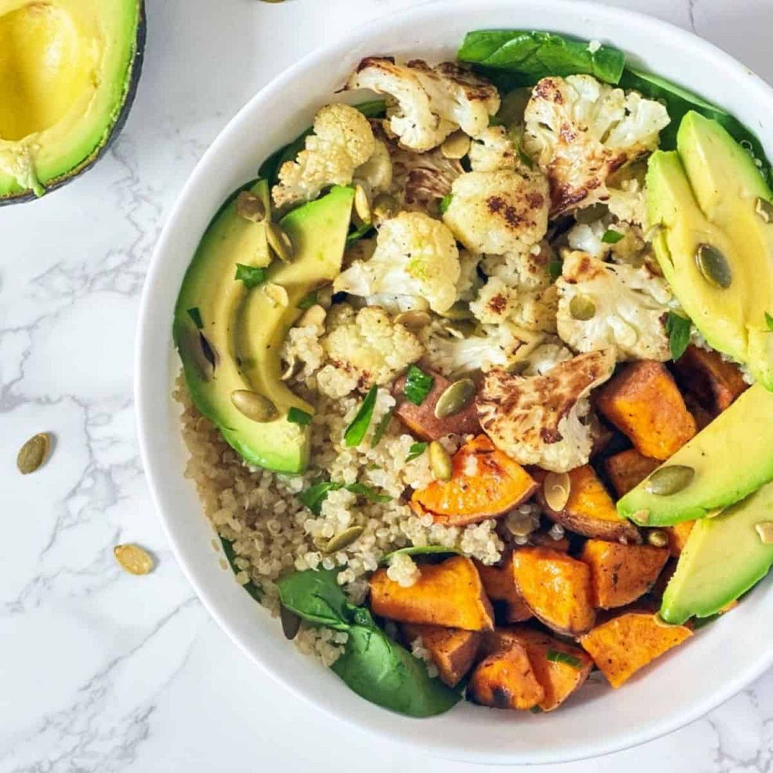 Roasted Veggie Quinoa Bowl with Lemon Garlic Dressing