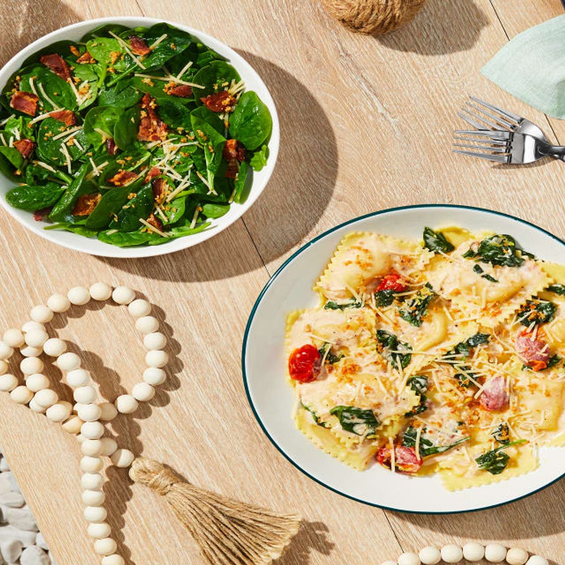 Lobster Ravioli in a Lemony Cream Sauce with Blistered Tomatoes & Spinach Salad