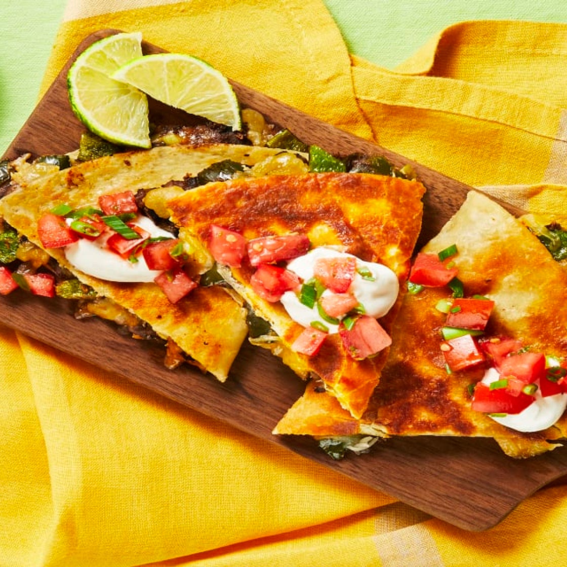 Black Bean & Poblano Quesadillas with Salsa Fresca & Lime Sour Cream