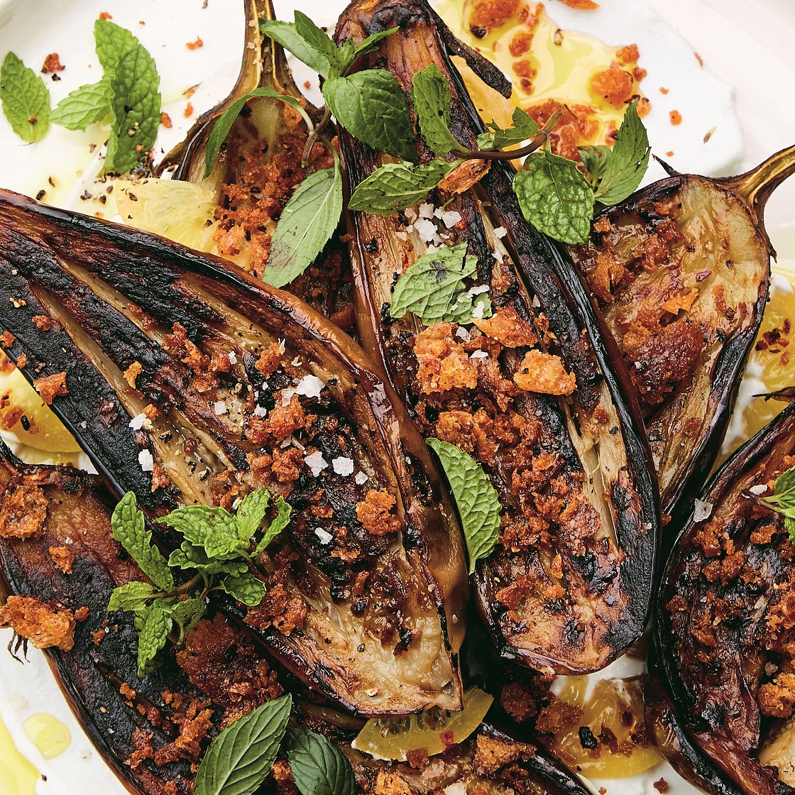 Long-Roasted Eggplant with Garlic, Labne, and Tiny Chile Croutons