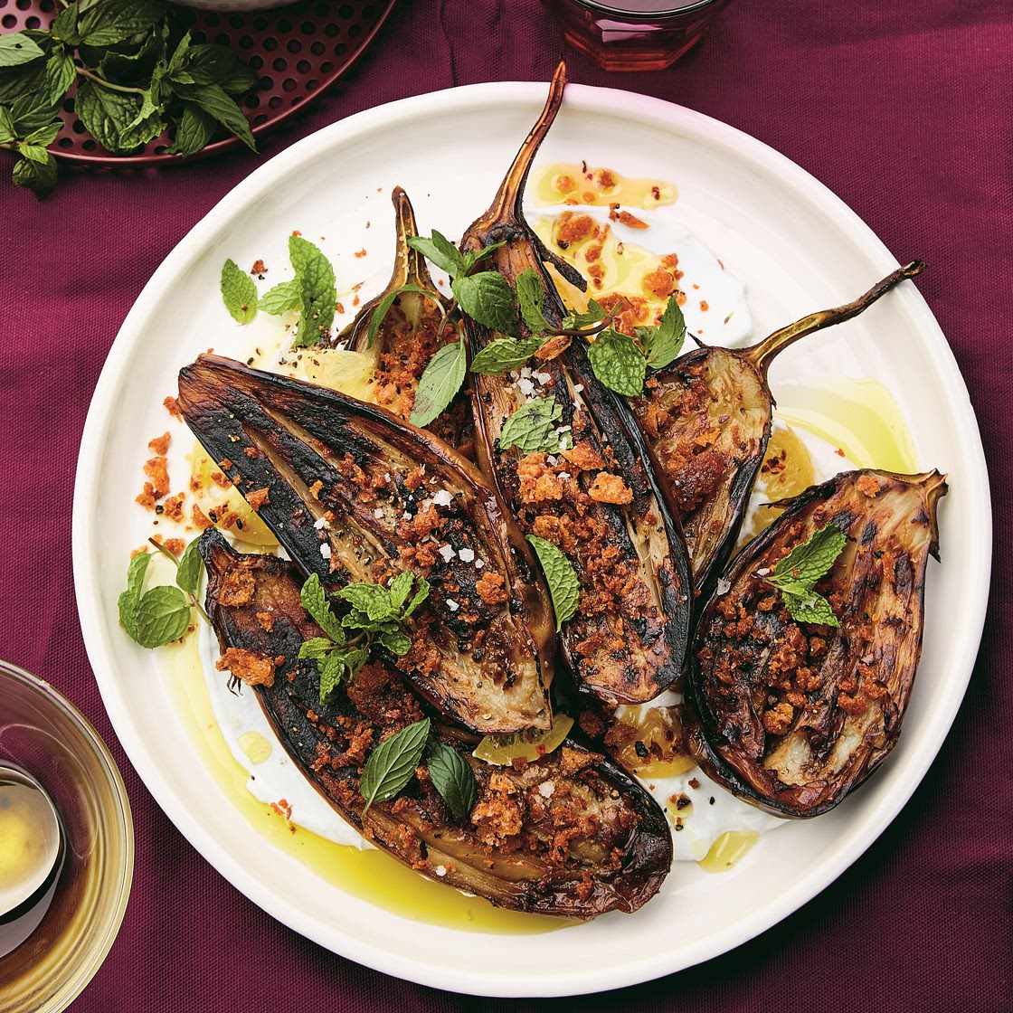 Long-Roasted Eggplant with Garlic, Labne, and Tiny Chile Croutons