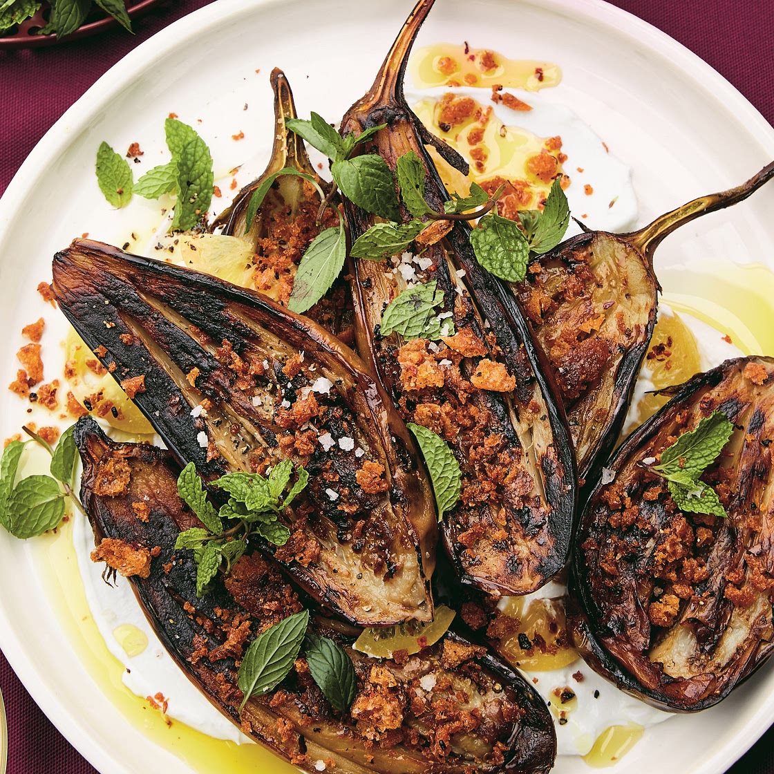 Long-Roasted Eggplant with Garlic, Labne, and Tiny Chile Croutons