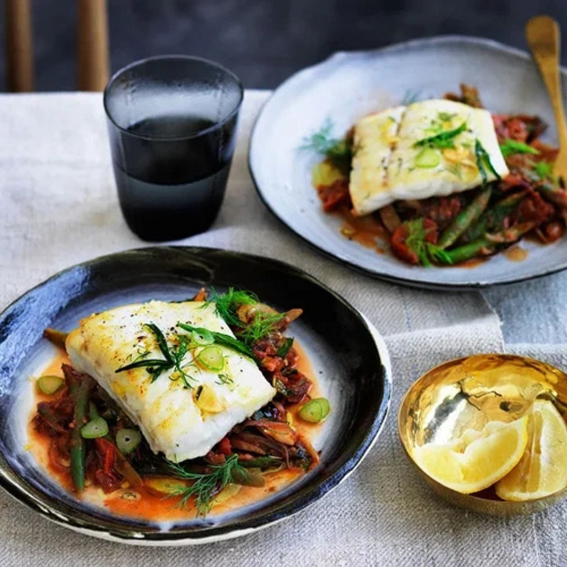 Barramundi with braised green beans, dill and mint