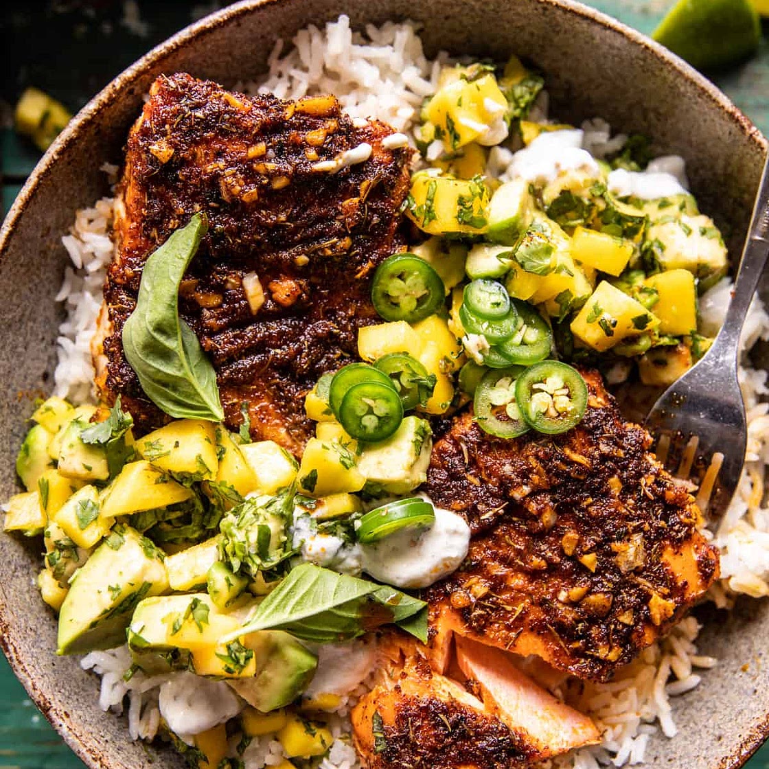 BBQ Salmon Bowls with Mango Jalapeño Sauce