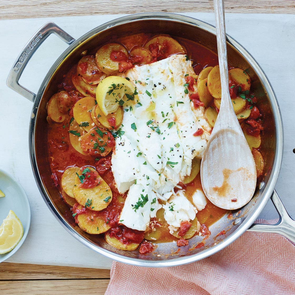 Cod with Garlicky Tomatoes and Potatoes