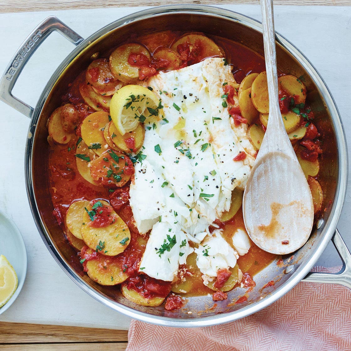 Cod with Garlicky Tomatoes and Potatoes