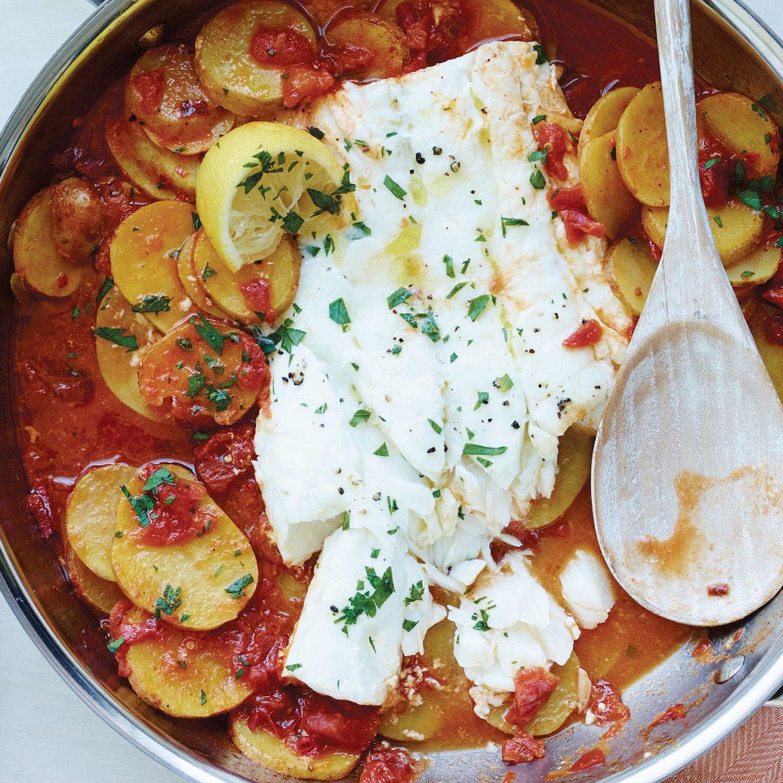 Cod with Garlicky Tomatoes and Potatoes