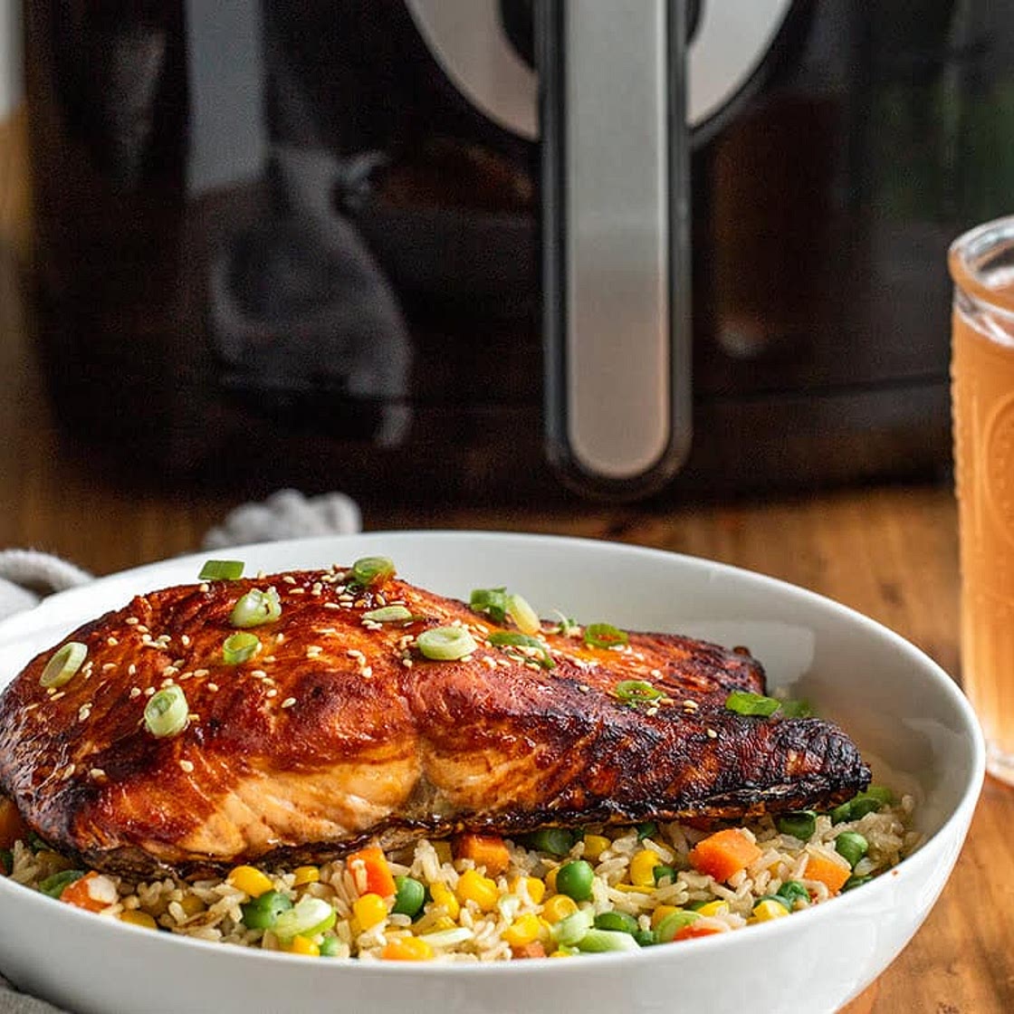 Air Fryer Sriracha Salmon Fried Rice Dinner