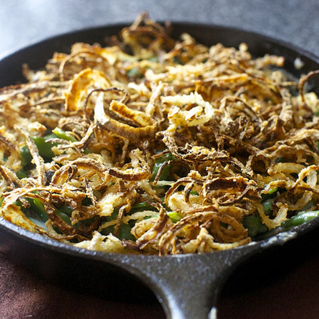 green bean casserole with crispy onions