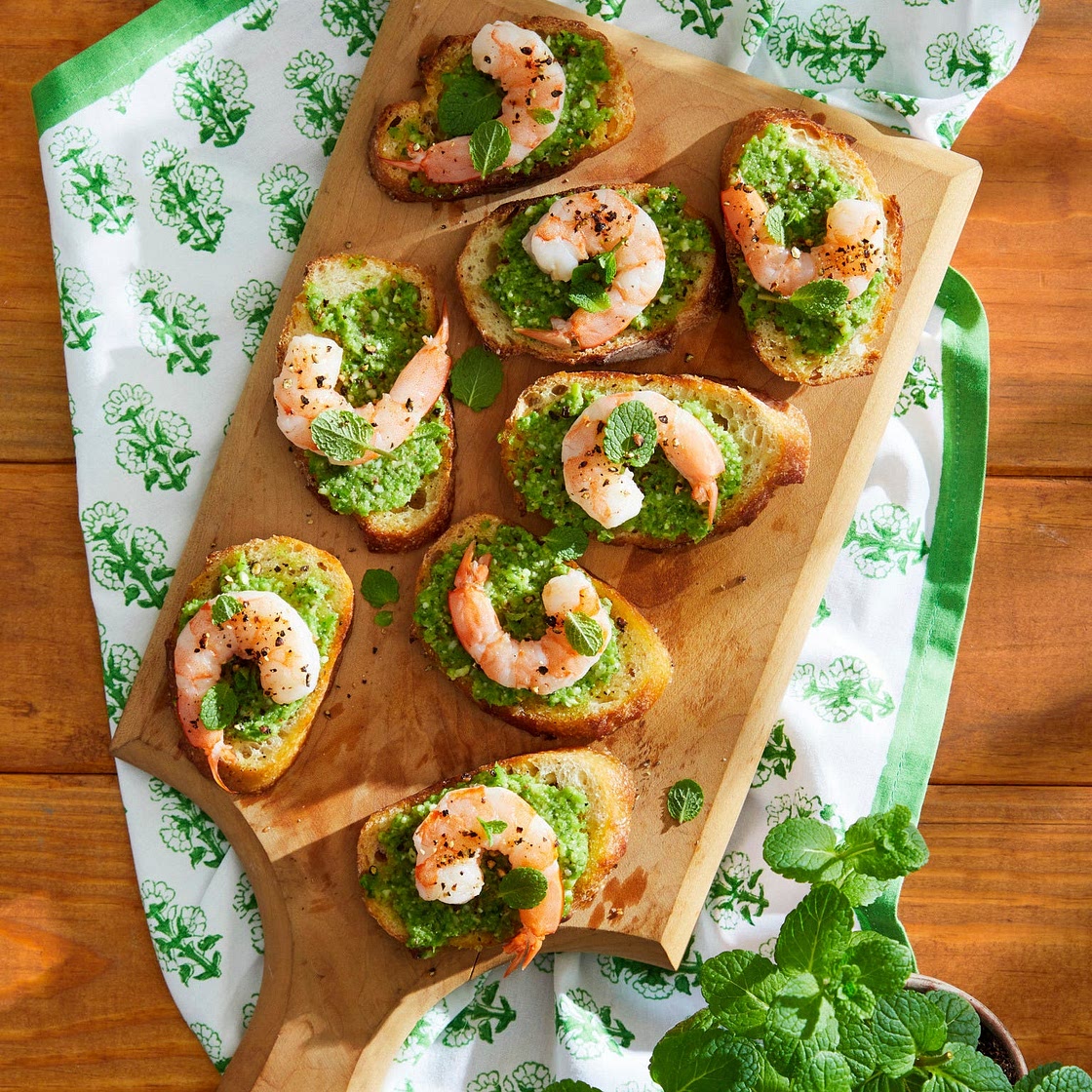 Snap Pea Pesto and Shrimp Crostini