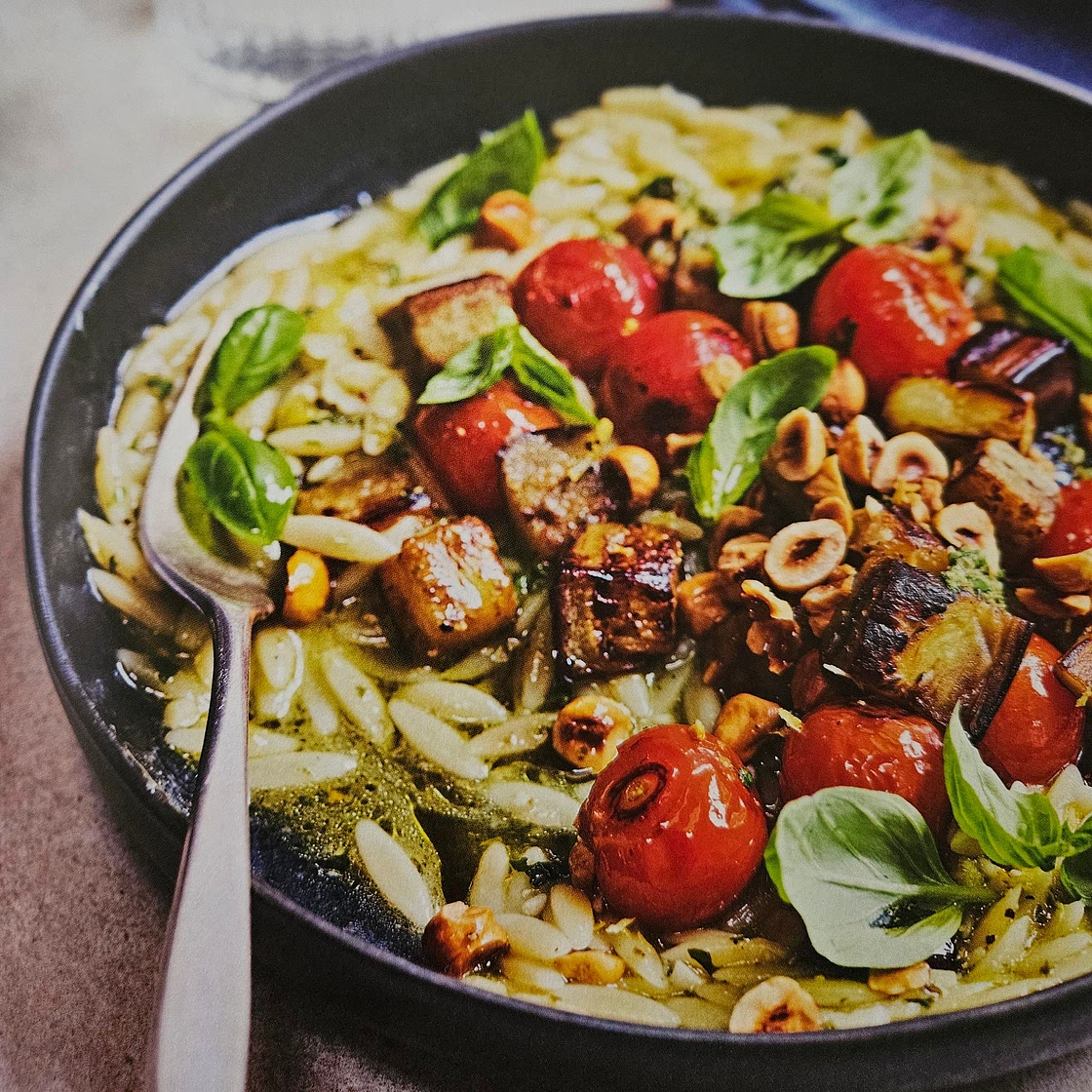 Pesto Orzotto with Aubergines