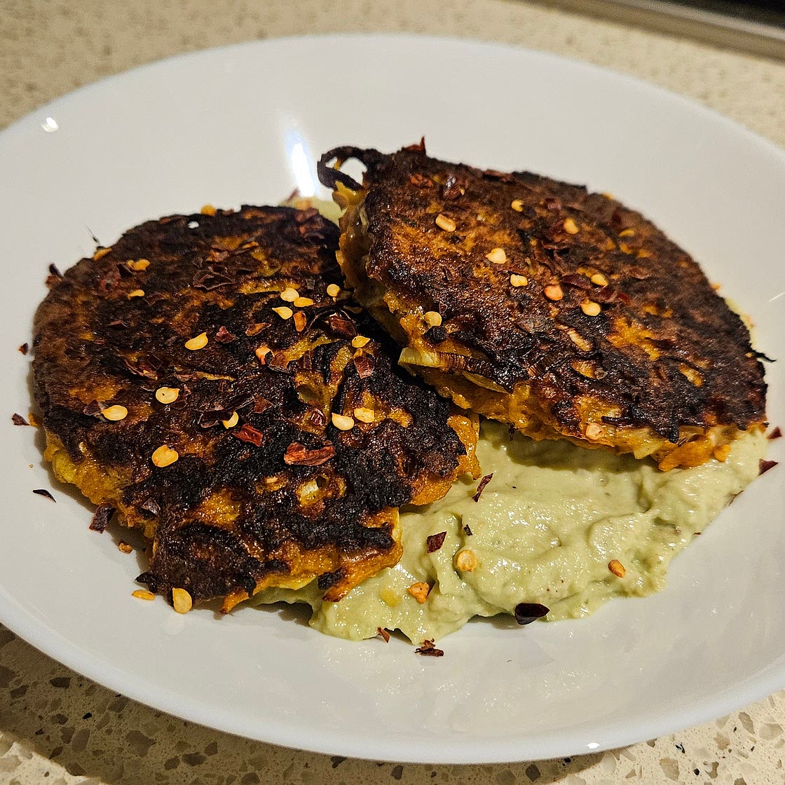 Carrot Fritters with Avocado Hummus