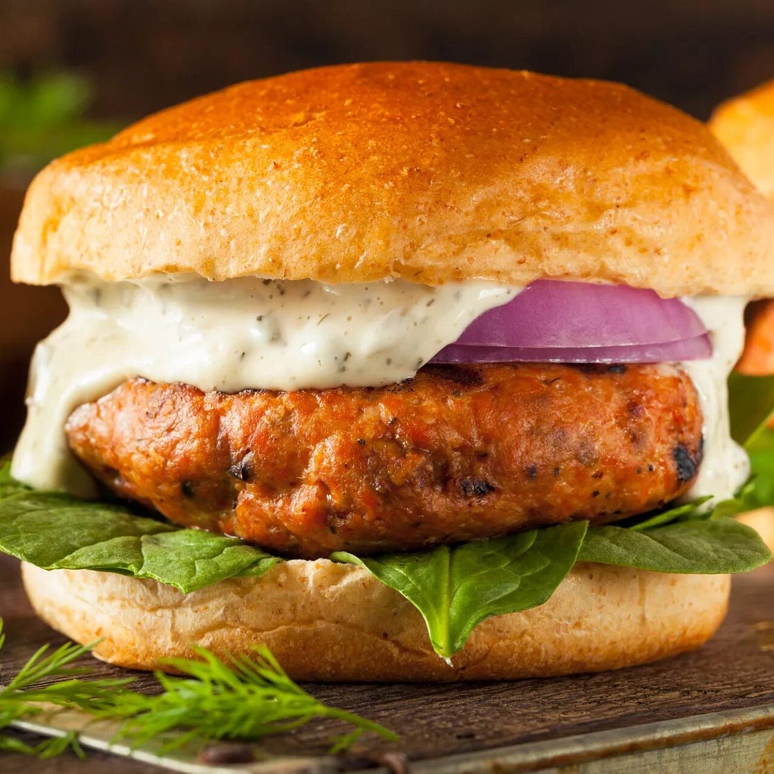 Gourmet Salmon Burger With Dijon Dill Sauce