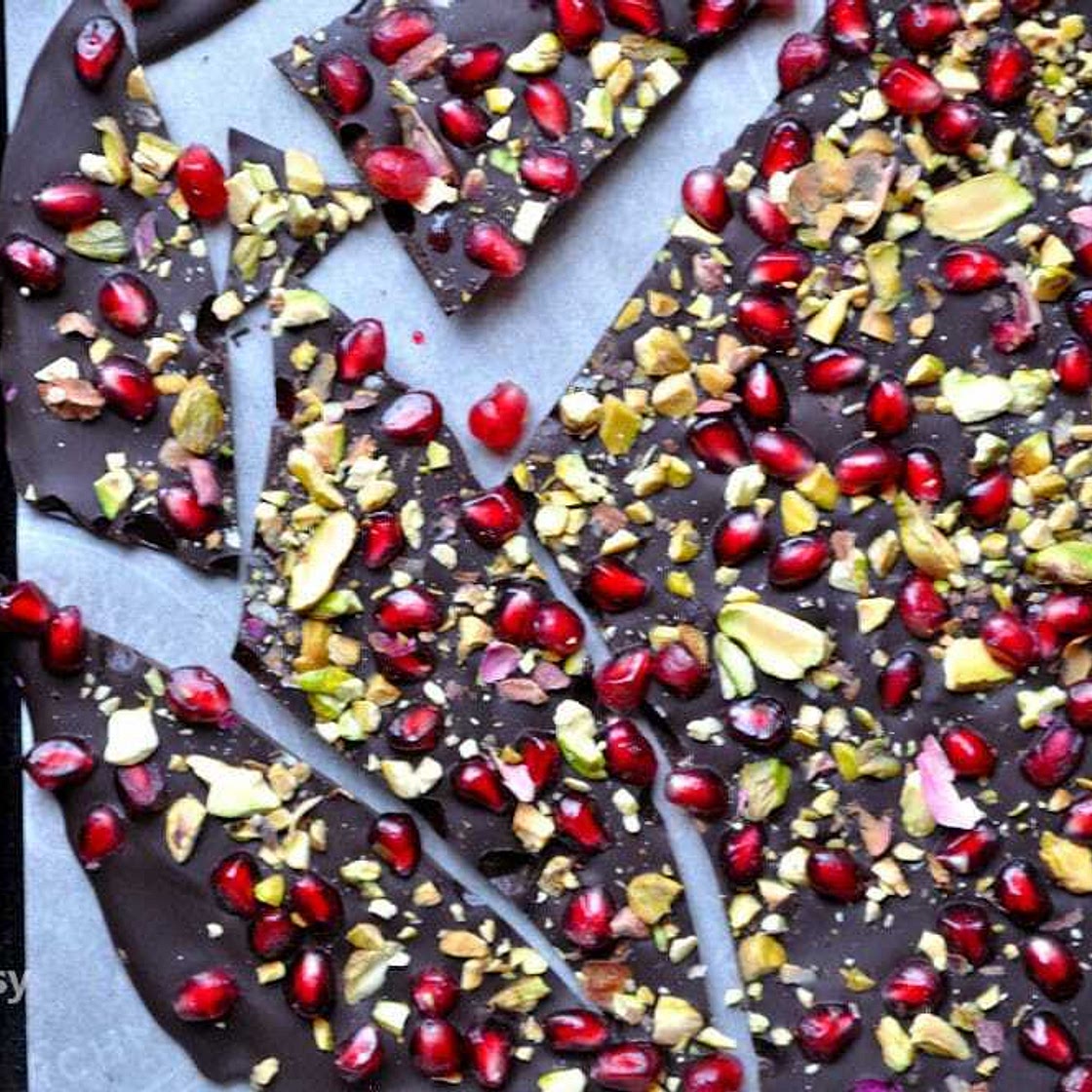 Chocolate Pomegranate Bark with Pistachios and Petals