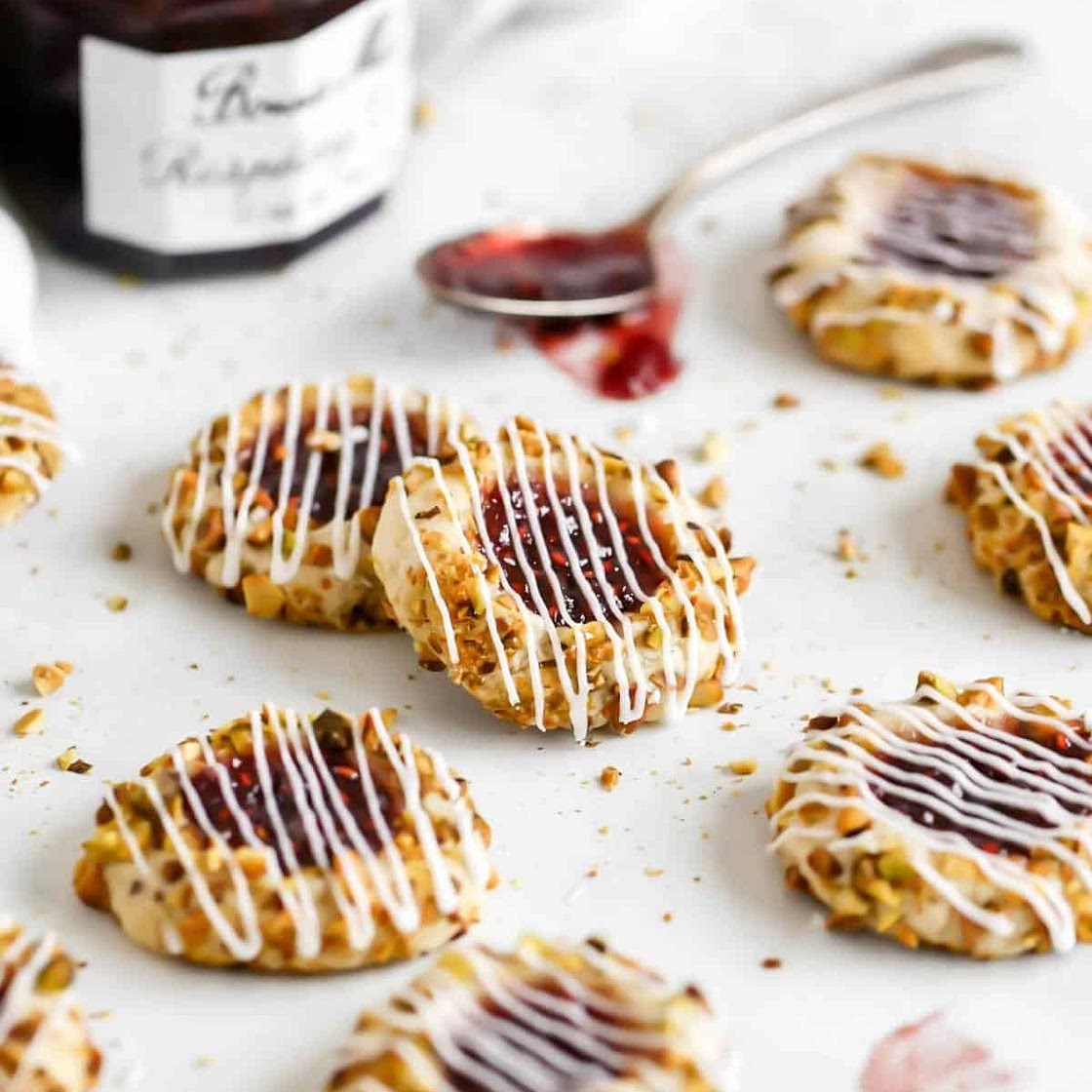 Pistachio and Raspberry Thumbprint Cookies