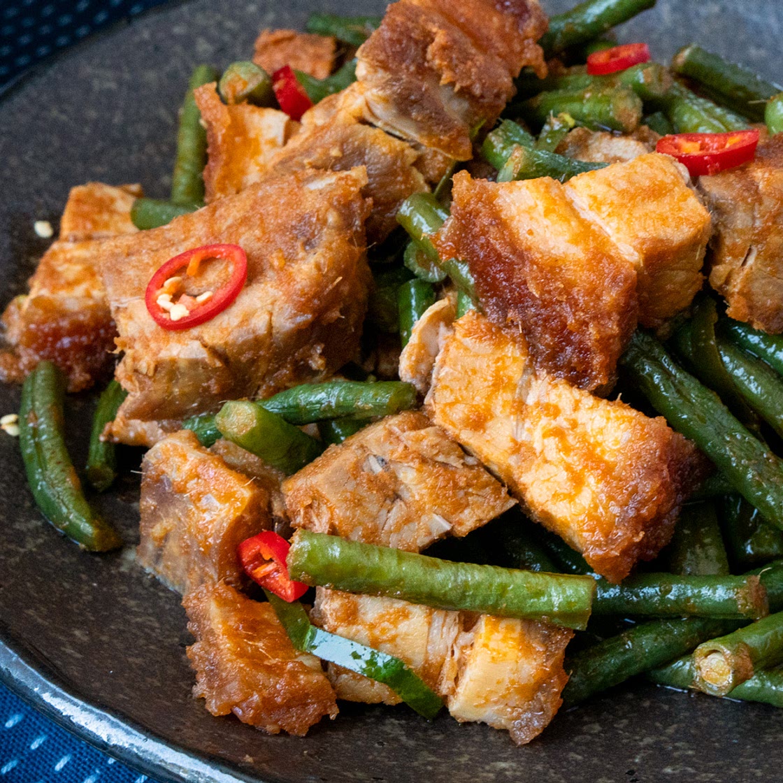 Thai Spicy Stir-Fried Crispy Pork Belly with Beans