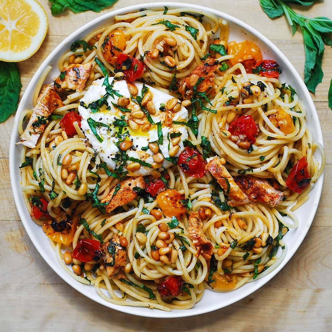 Chicken Spaghetti with Burrata and Lemon Butter Garlic Sauce