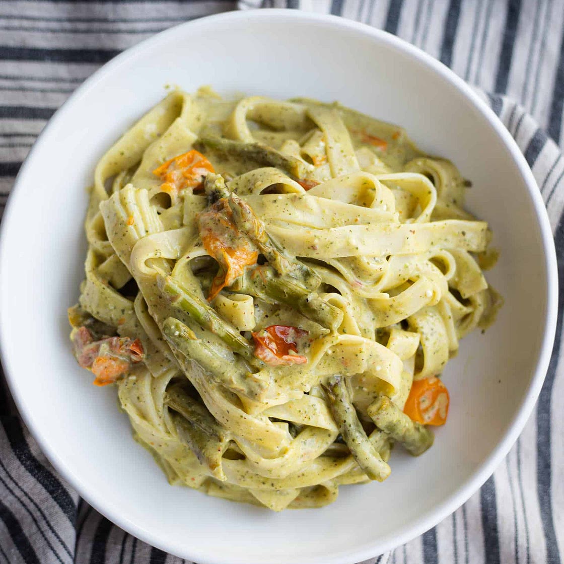 Creamy Pesto Fettuccine with Summer Vegetables