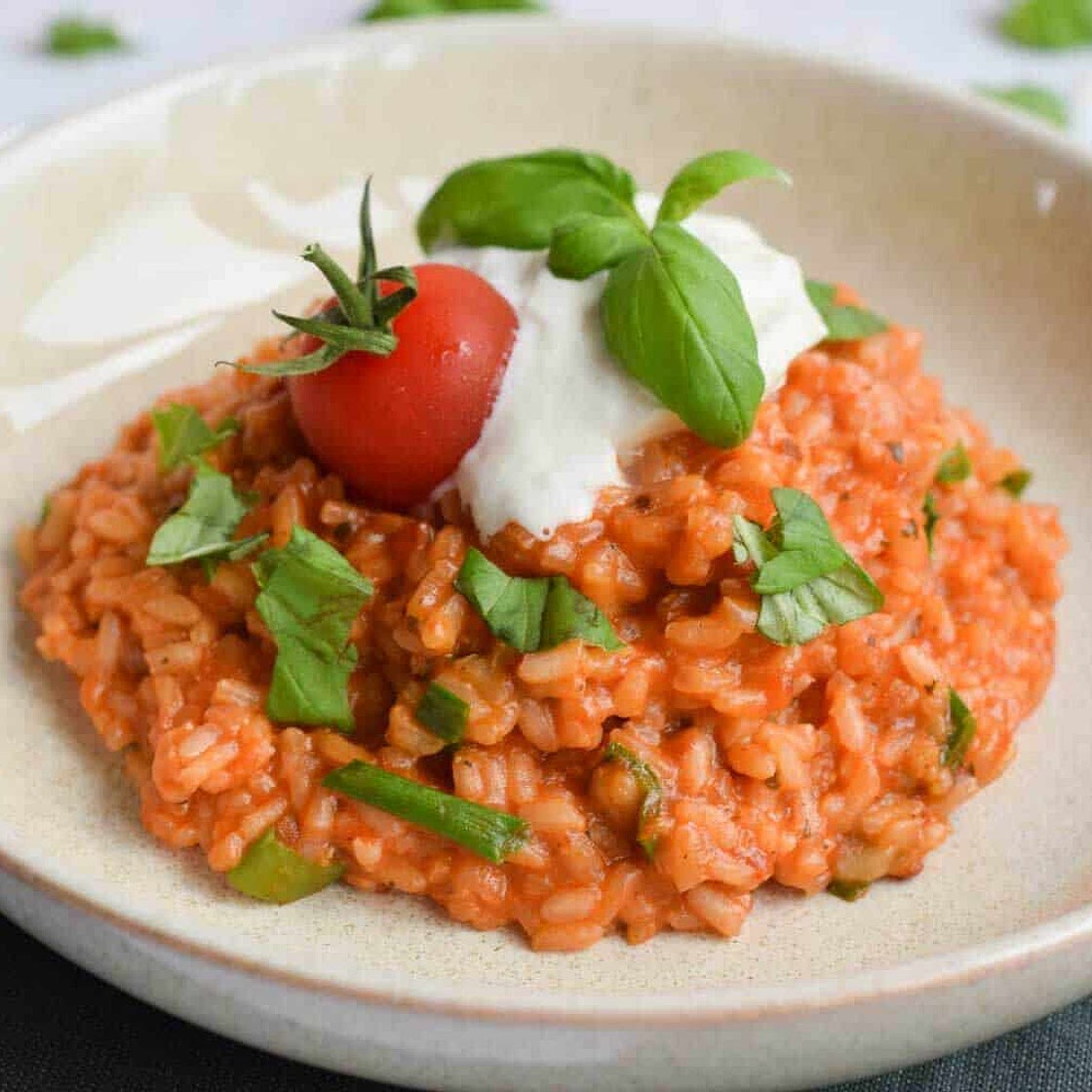 Low FODMAP tomato risotto with burrata