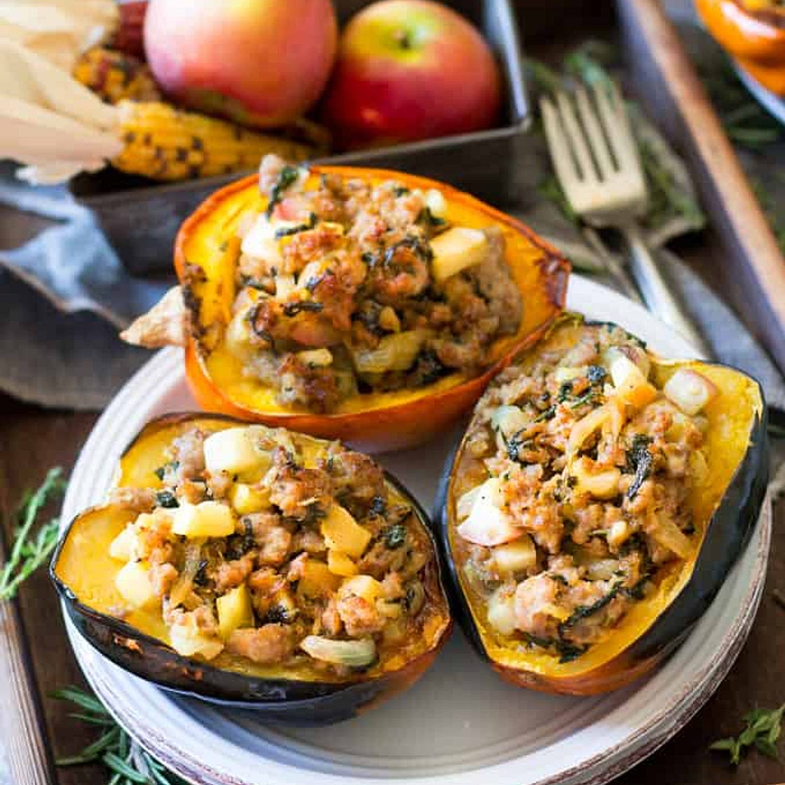 Caramelized Onion, Apple and Sausage Stuffed Acorn Squash {Paleo & Whole30}