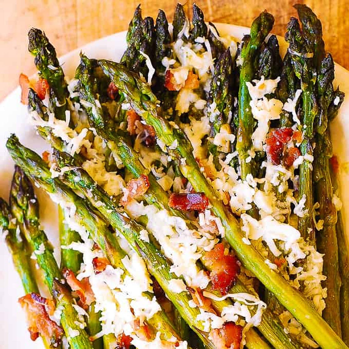 Oven-Roasted Asparagus with Asiago, Bacon, and Garlic