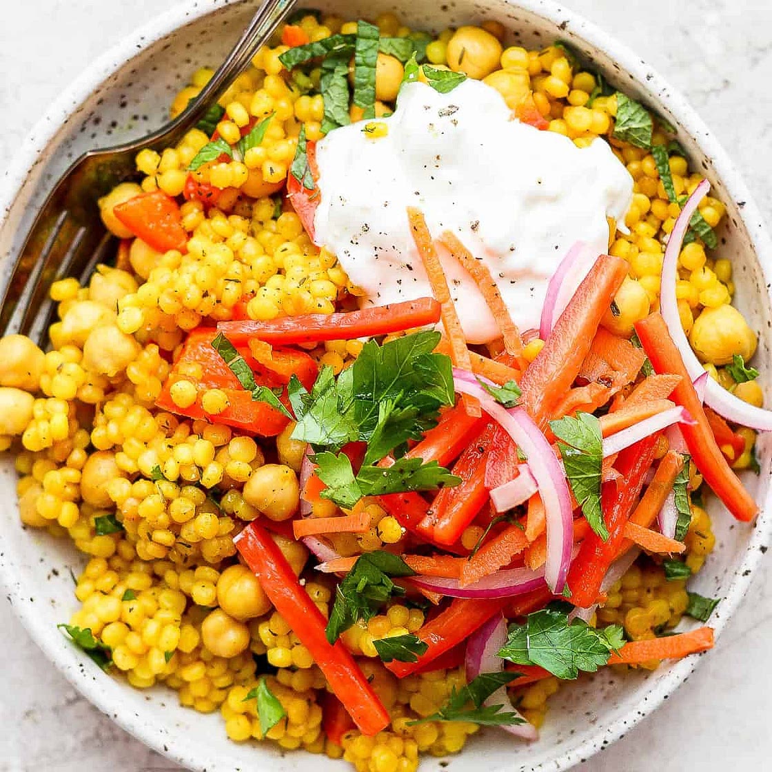 Lemon Garlic Israeli Couscous with Whipped Feta