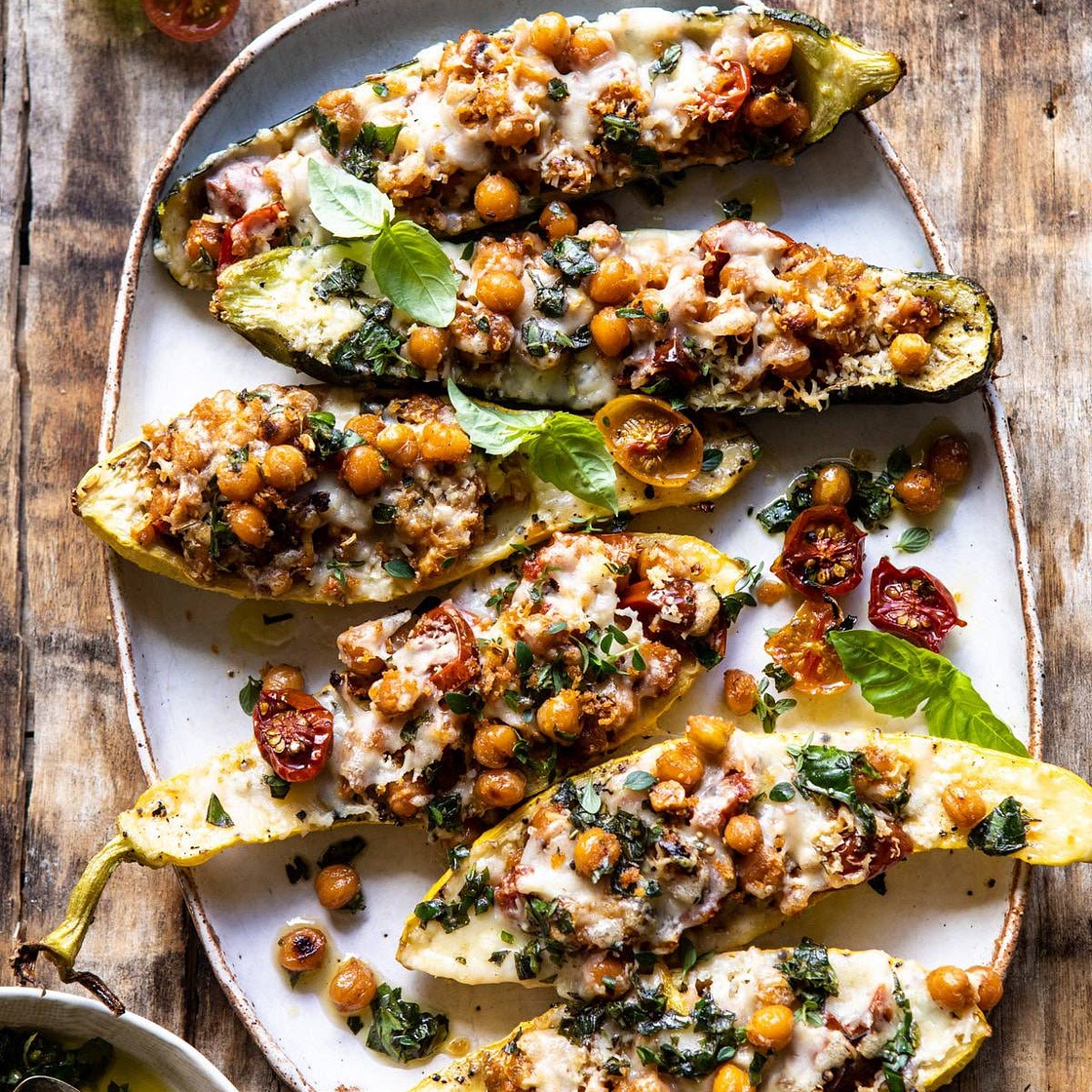 Spicy Chickpea and Cheese Stuffed Zucchini