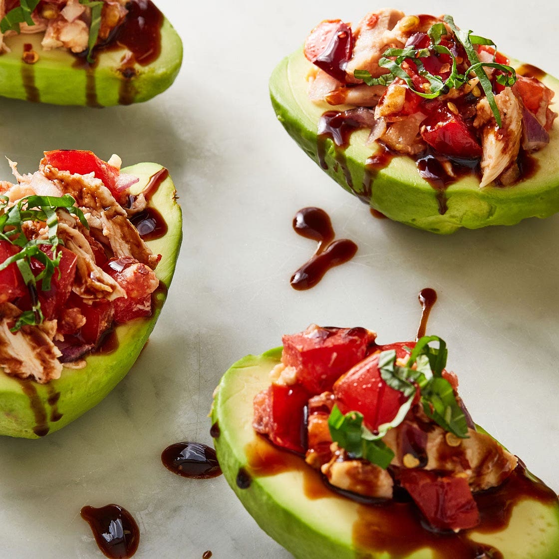 Bruschetta Chicken Stuffed Avocados