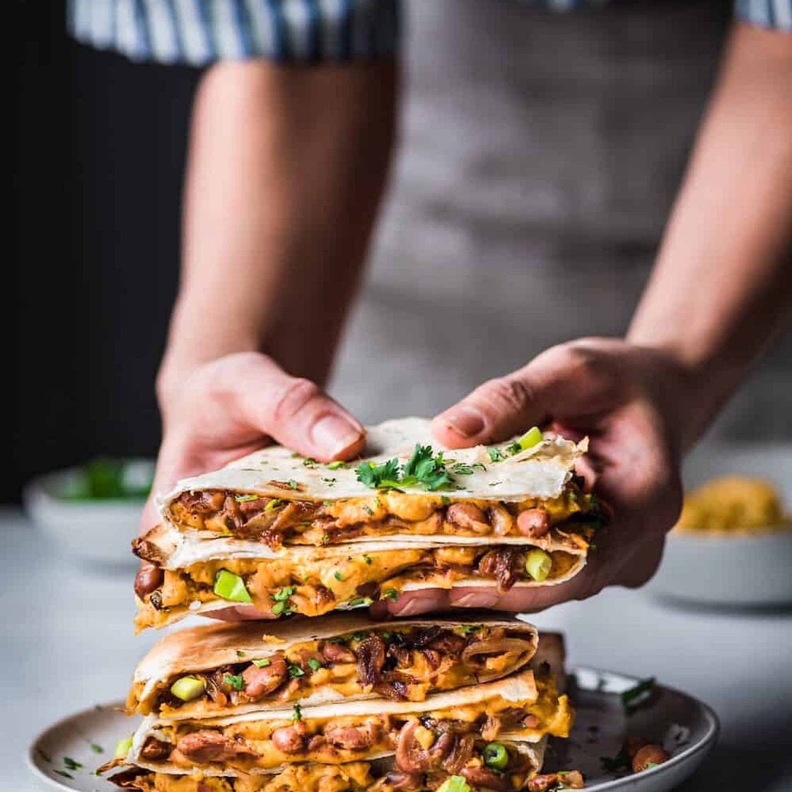 Vegan Quesadillas with Smoky Cheese and Refried Beans
