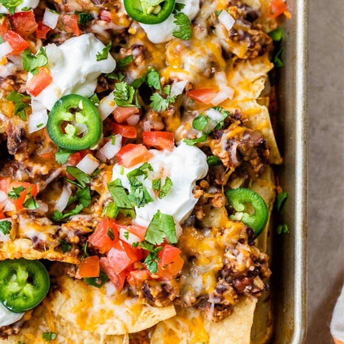 Loaded Nachos with Turkey, Beans and Cheese