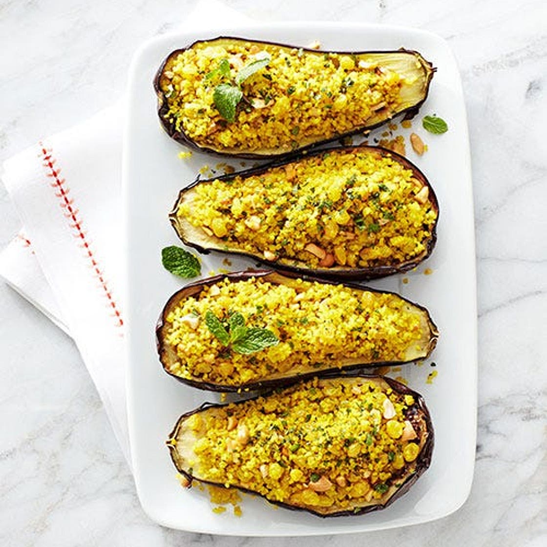 Bulgur and Cashew Stuffed Eggplant